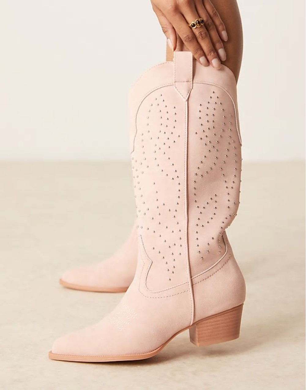 studded western knee boots in cream