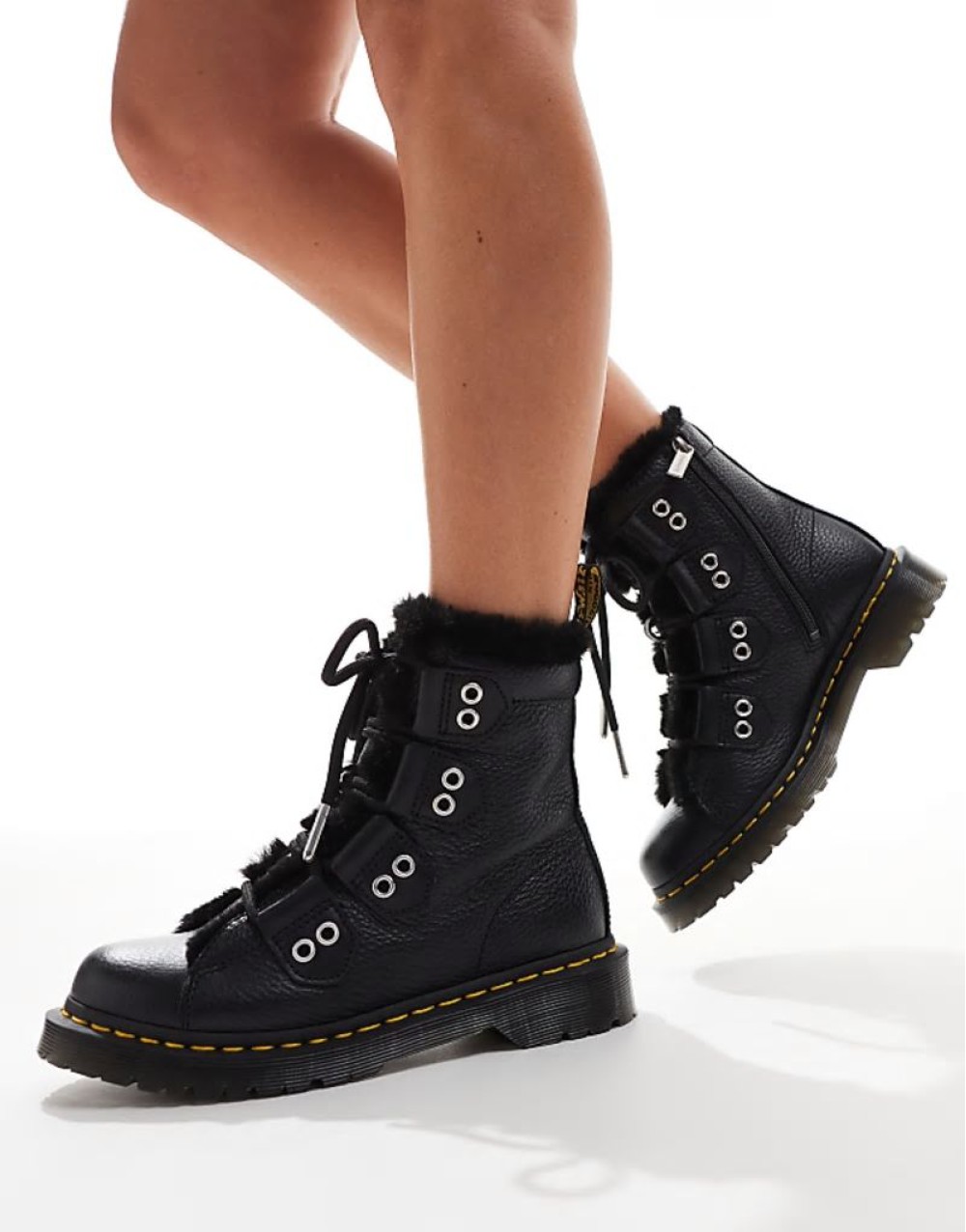 1460 fur lined 4 tie boot in black milled nappa