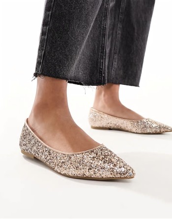 Lucky pointed ballet flats in rose gold glitter