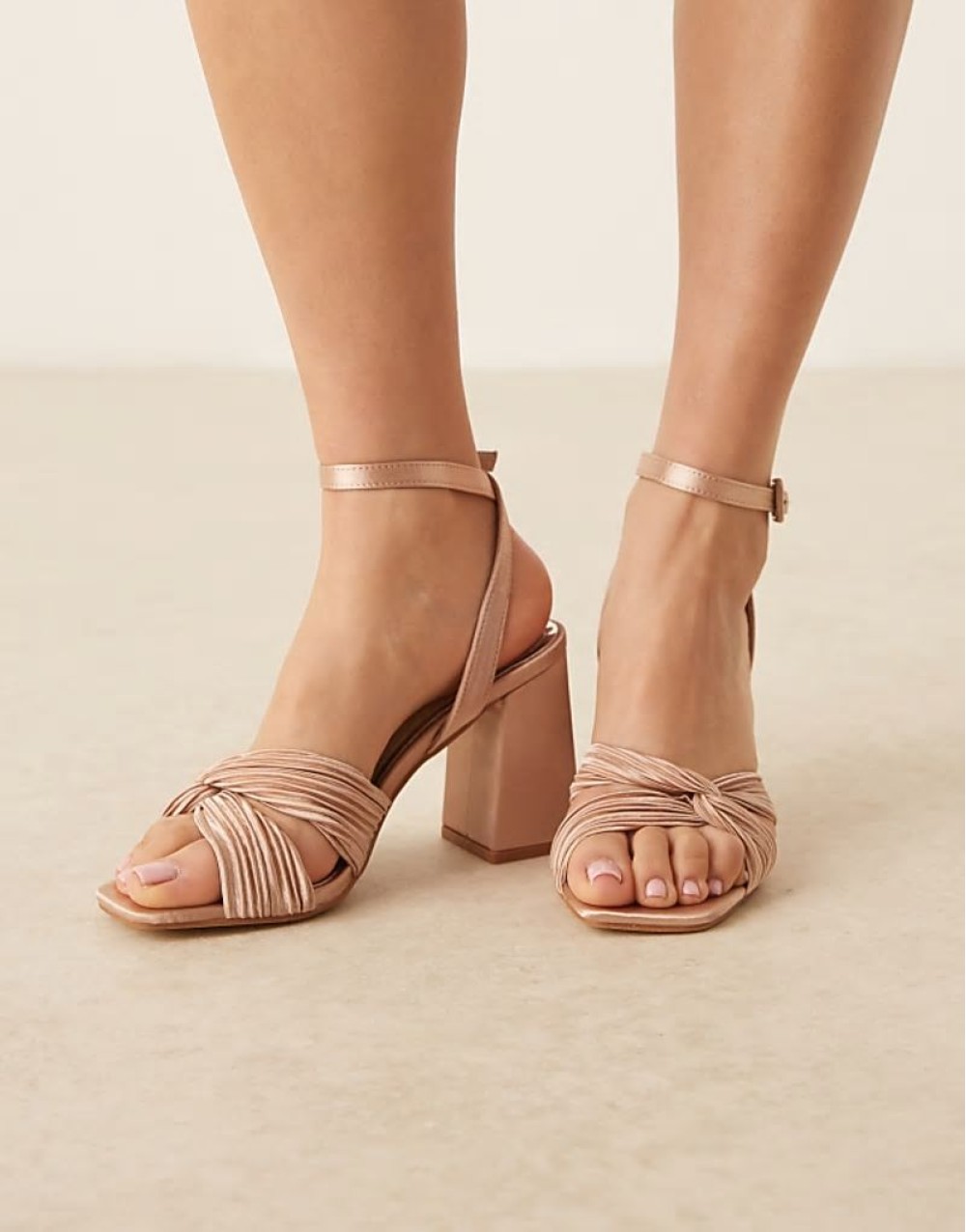 Bridal Snle plisse block heeled sandals in champagne